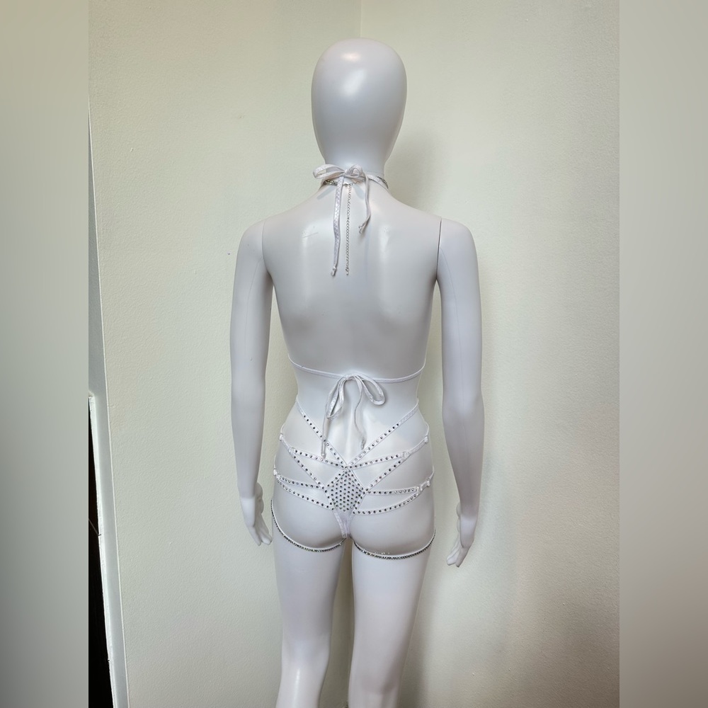 White AB Rhinestone 4 Piece Lingerie Set Bikini XS, D Cup, Festival, Rave, Dance - Picture 12 of 13